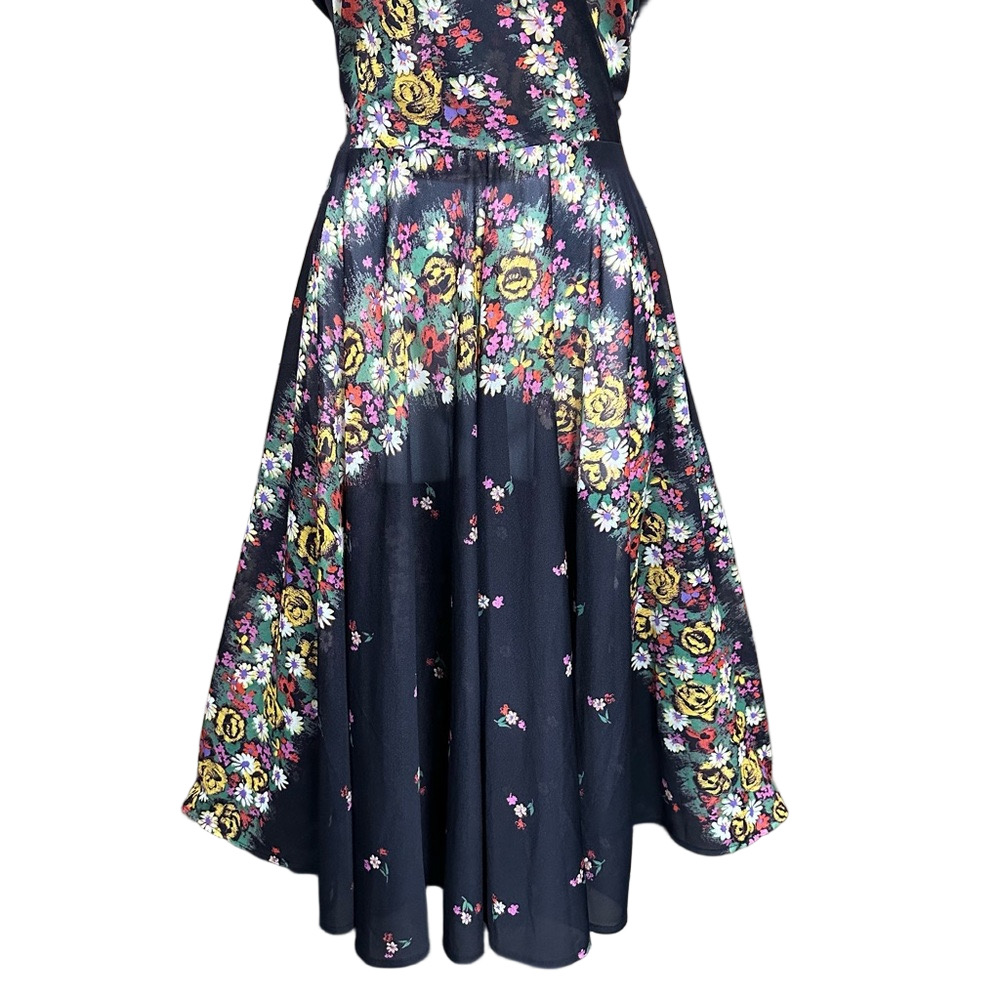 Vintage 80s floral midi dress black full skirt semi sheer Small Retro - Picture 4 of 9